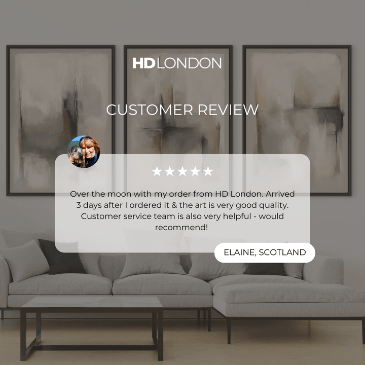 Client review For Neutral Luxe Abstract Style Wall Art Styled With A Light Grey Sectional Sofa, Neutral Throw Pillows, And A Sleek Black Coffee Table. Perfect For A Contemporary Living Room.