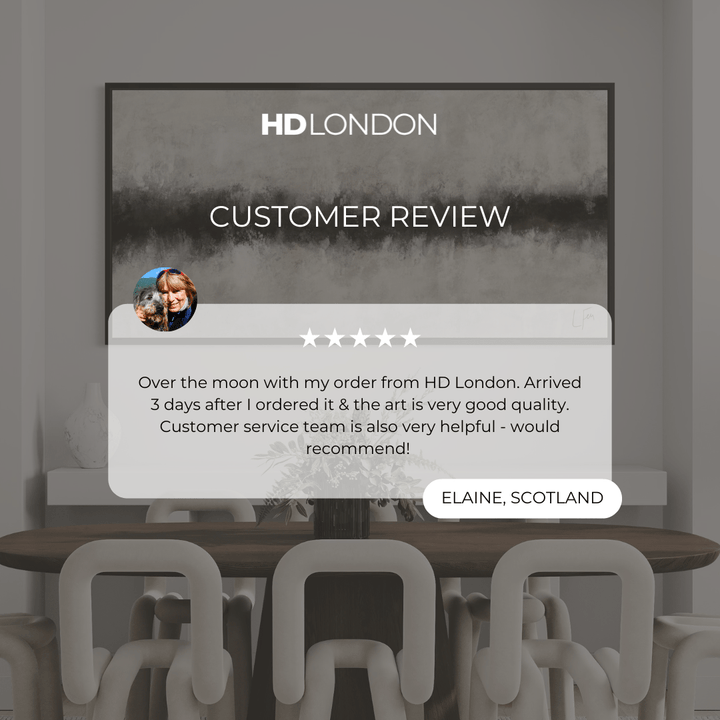 Client Review Elegant Minimalist Abstract Canvas Wall Art Styled With A Dark Wood Dining Table, Sculptural Cream Dining Chairs, And A Green Floral Centerpiece. Perfect For A Contemporary Dining Room.