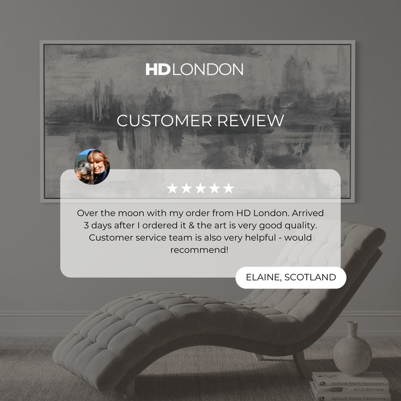 Client Review For Modern Minimalist Style Wall Art Styled With A Tufted Gray Chaise Lounge, Neutral Textured Rug, Ceramic Vase, And Stacked Coffee Table Books. Perfect For Lounge Space.