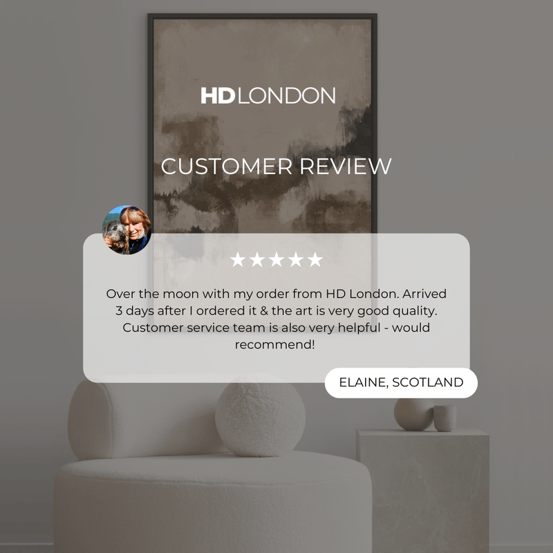 Client Review For Neutral Tonal Abstract Art Home Decor Styled With A Cream Bouclé Lounge Chair, Marble Pedestal Side Table, And Soft Neutral Decor. Perfect For A Contemporary Living Room