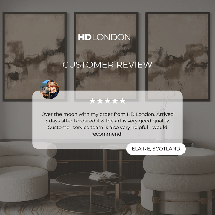 Client Review For Modern Luxe Abstract Wall Art Styled With Cream Curved Lounge Chairs, Black And Gold Nesting Tables, And A Textured Vase On A Sleek Black Sideboard. Perfect For A Contemporary Living Room.