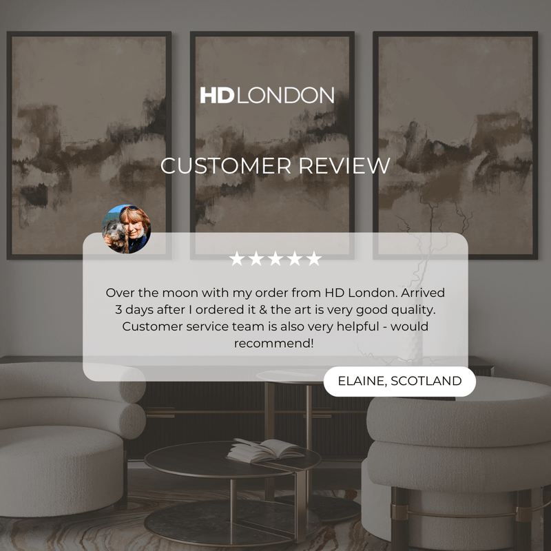 Client Review For Modern Luxe Abstract Wall Art Styled With Cream Curved Lounge Chairs, Black And Gold Nesting Tables, And A Textured Vase On A Sleek Black Sideboard. Perfect For A Contemporary Living Room.