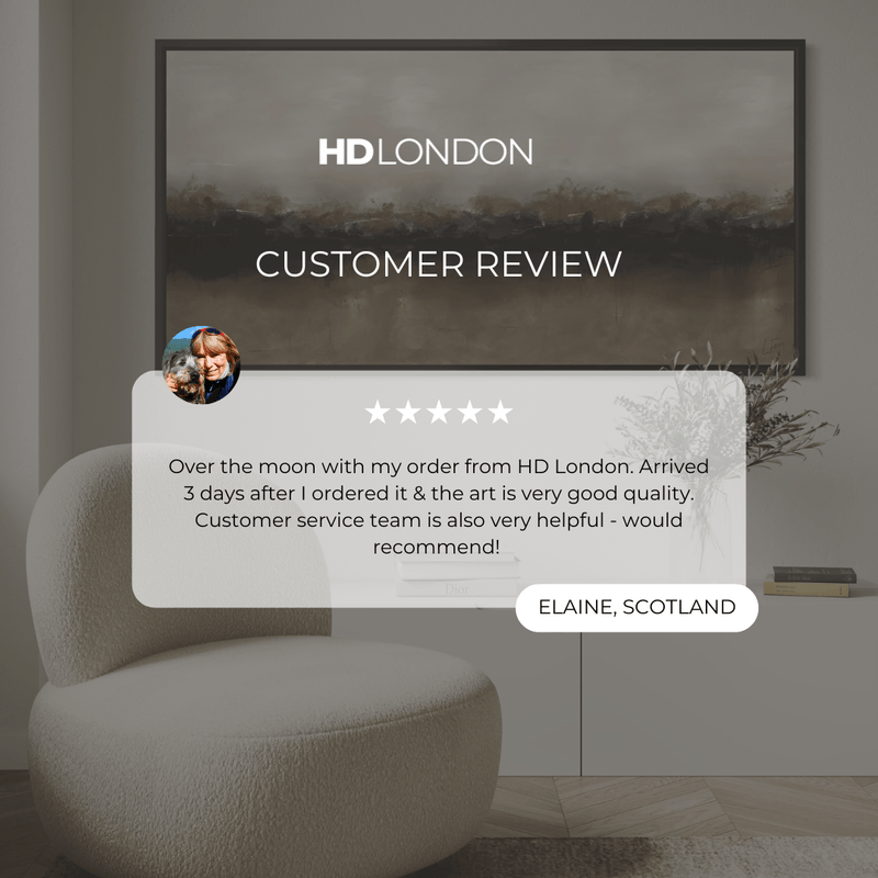 Client Review For Modern Minimal Abstract Wall Art Styled With A Cream Bouclé Accent Chair, White Minimal Console, And Soft Neutral Decor. Perfect For A Calming Contemporary Living Room.