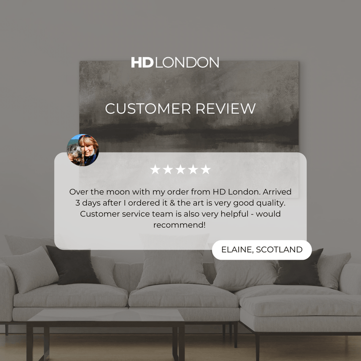 Customer Review For Modern Abstract Art Home decor Styled With A Light Gray Sectional Sofa, Black Accent Pillows, And A Minimalist Marble Coffee Table. Perfect For A Modern Living Room.