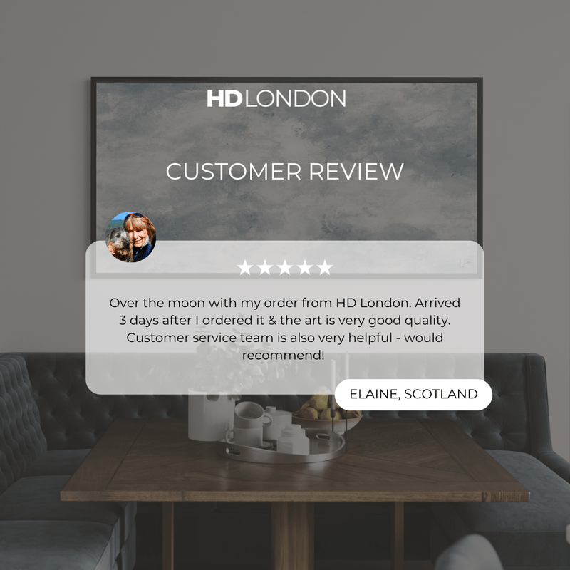 Client Review For Elegant Abstract Art Modern Wall Decor Styled With A Tufted Navy Dining Bench, Wooden Dining Table, And Modern Table Decor. Perfect For A Minimalist Dining Room.