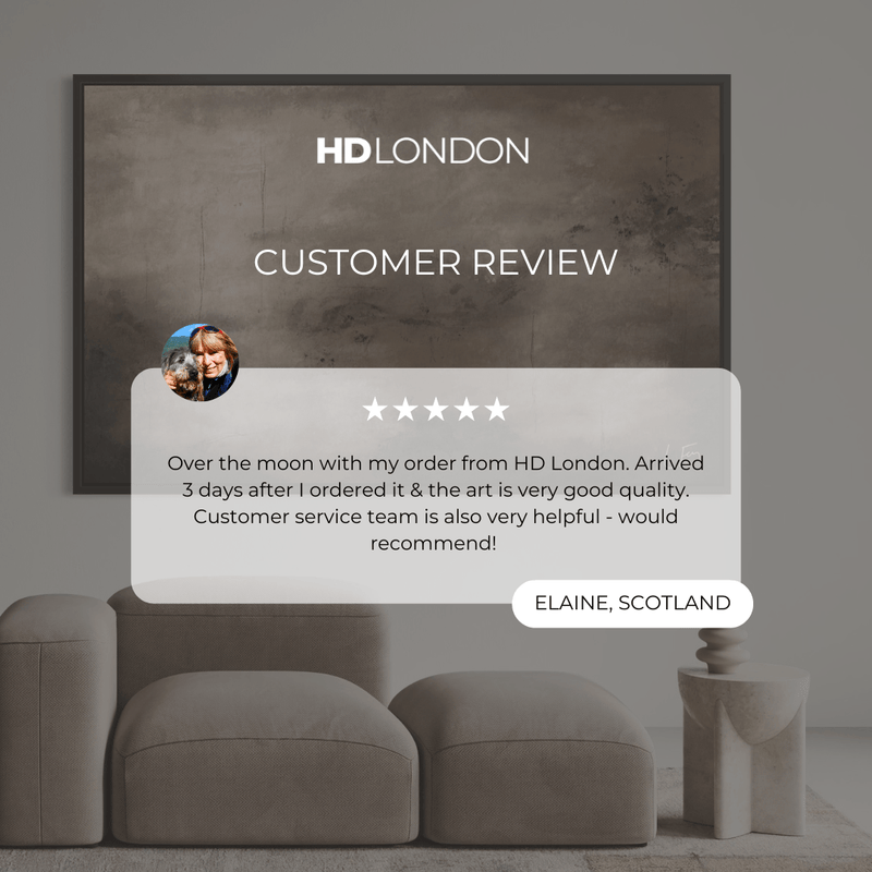 Client Review For Modern Minimal Abstract Wall Art Styled With A Taupe Modular Sofa, Sculptural Stone Side Table, And A Soft Neutral Rug. Perfect For A Contemporary Living Room.