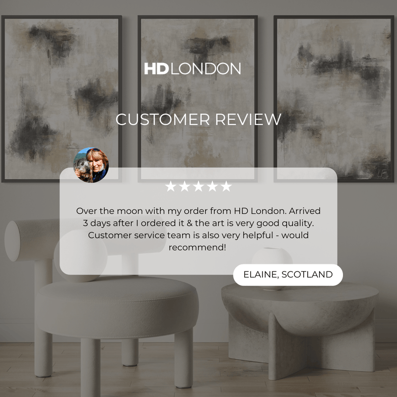 Client Review For Modern Minimalist Abstract Wall Art Styled With A Modern Cream Accent Chair And Stone Round Side Table. Perfect For A Minimalist Living Room.
