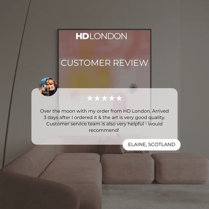 Client Review For Modern Contemporary Style Wall Art Styled With A Blush Velvet Sectional, Matching Throw Pillows, And A Minimal Black Arc Floor Lamp. Perfect For A Warm Modern Living Room.