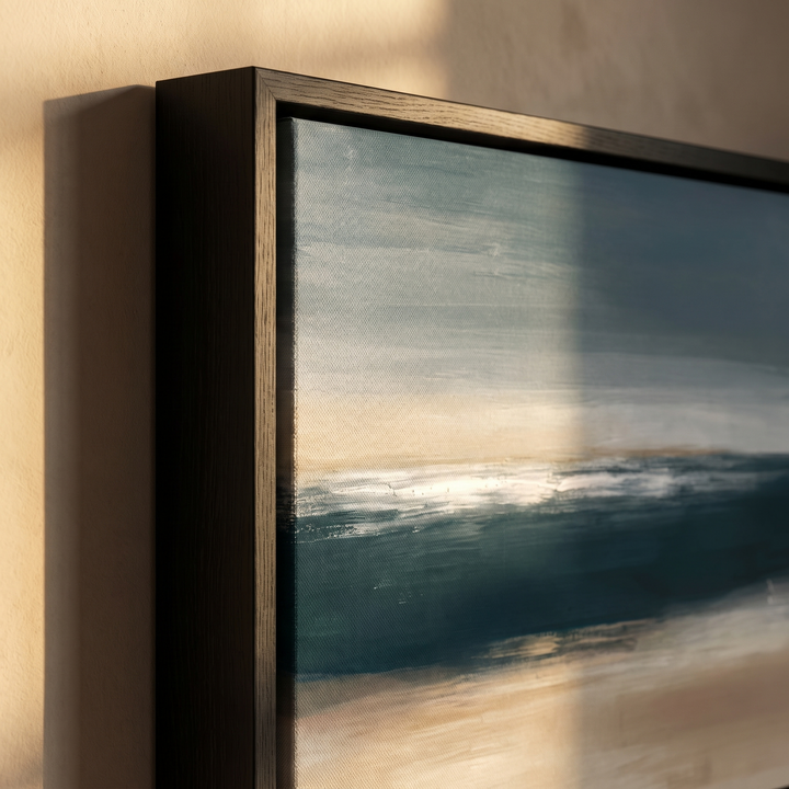 Close-up of Coastal Whisper framed canvas black float frame showing canvas texture and brushstrokes