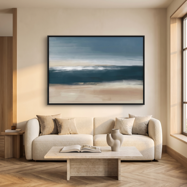 Coastal Whisper framed canvas in black frame above a cream boucle sofa - teal, blue and beige abstract wall art
