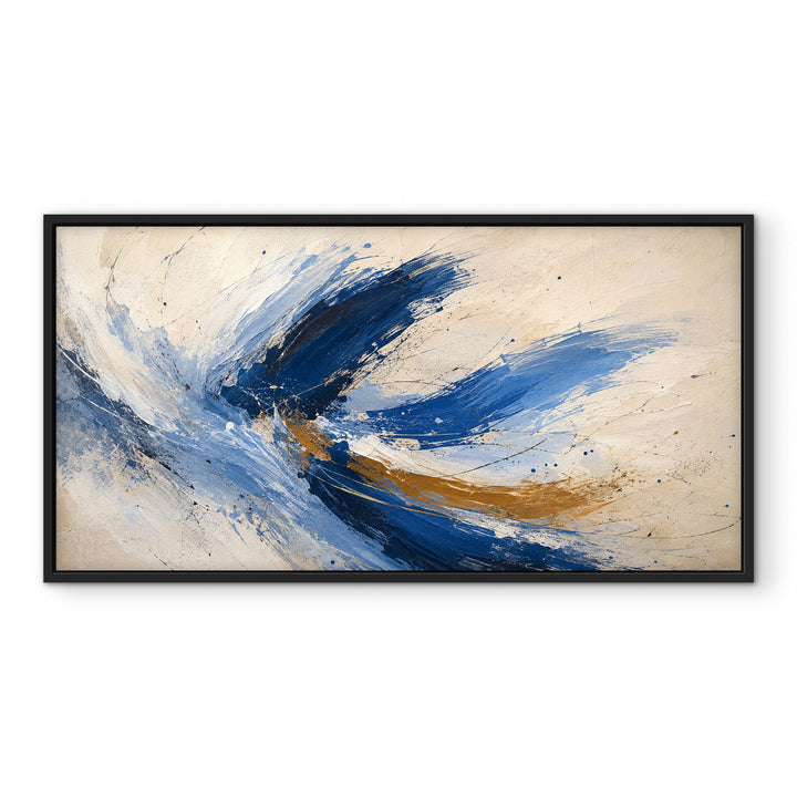 Cobalt Flight blue and gold panoramic abstract framed canvas front view