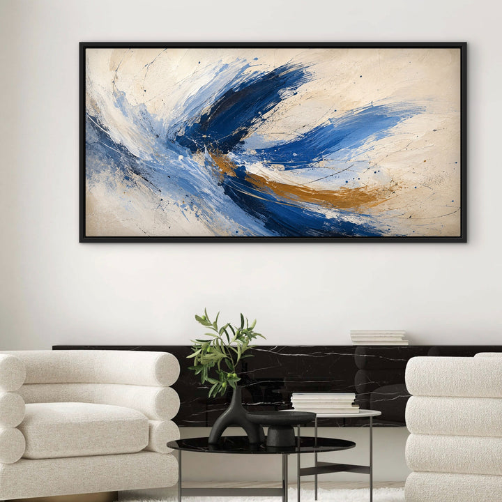Cobalt Flight blue and gold panoramic abstract framed canvas in a sculptural cream interior