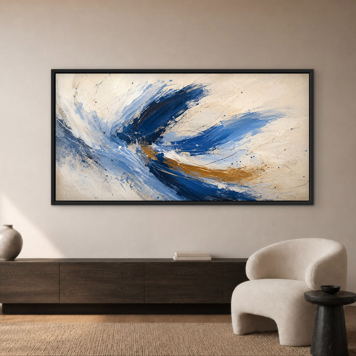 Cobalt Flight blue and gold panoramic abstract framed canvas in a warm luxury interior