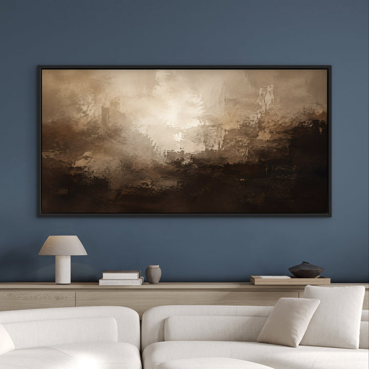Cocoa Depths brown abstract framed canvas on blue wall, black frame