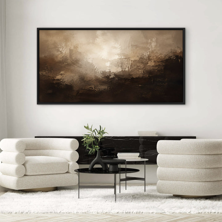 Cocoa Depths brown abstract framed canvas with boucle chairs, black frame
