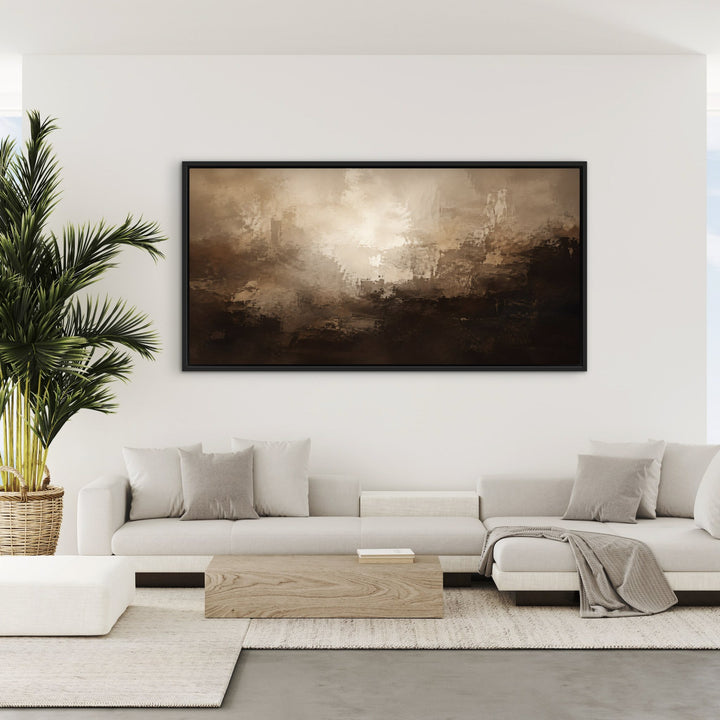 Cocoa Depths brown abstract framed canvas in coastal living room, black frame