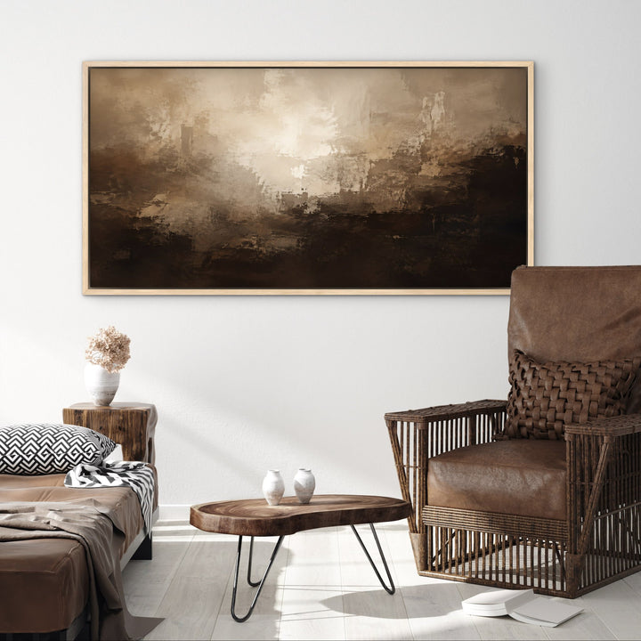 Cocoa Depths brown abstract framed canvas in natural oak frame, rustic room