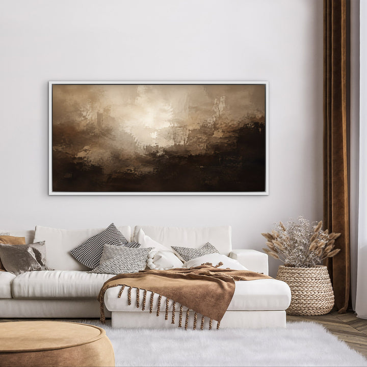Cocoa Depths brown abstract framed canvas in white frame, boho lounge