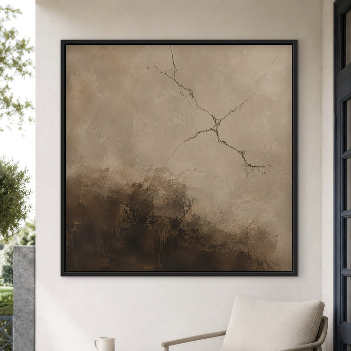 Cocoa Fracture brown abstract framed canvas in armchair lounge, black frame
