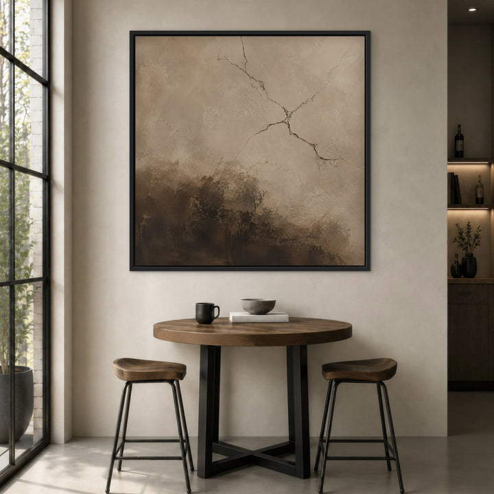 Cocoa Fracture brown abstract framed canvas by bistro table, black frame