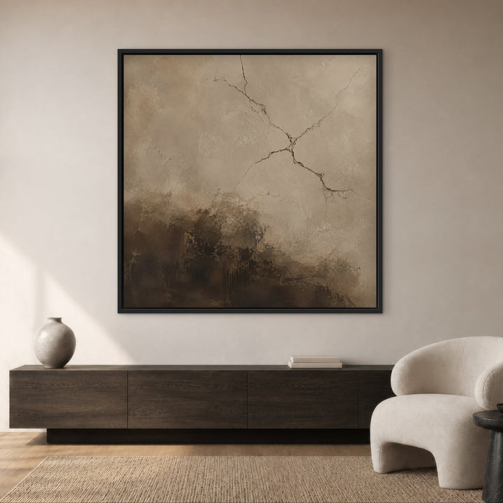 Cocoa Fracture square brown abstract framed canvas in cream lounge, black frame