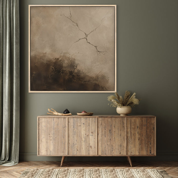 Cocoa Fracture brown abstract framed canvas on green wall, oak frame
