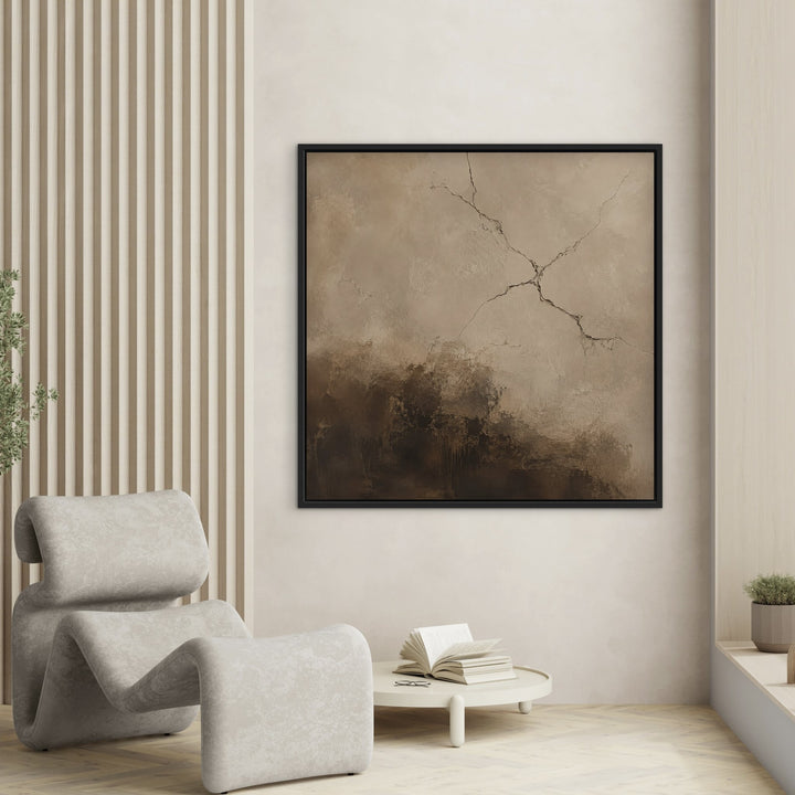 Cocoa Fracture brown abstract framed canvas with lounge chair, black frame