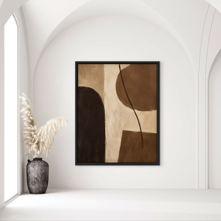Cocoa Modern mid-century brown framed canvas in arched hallway, black frame