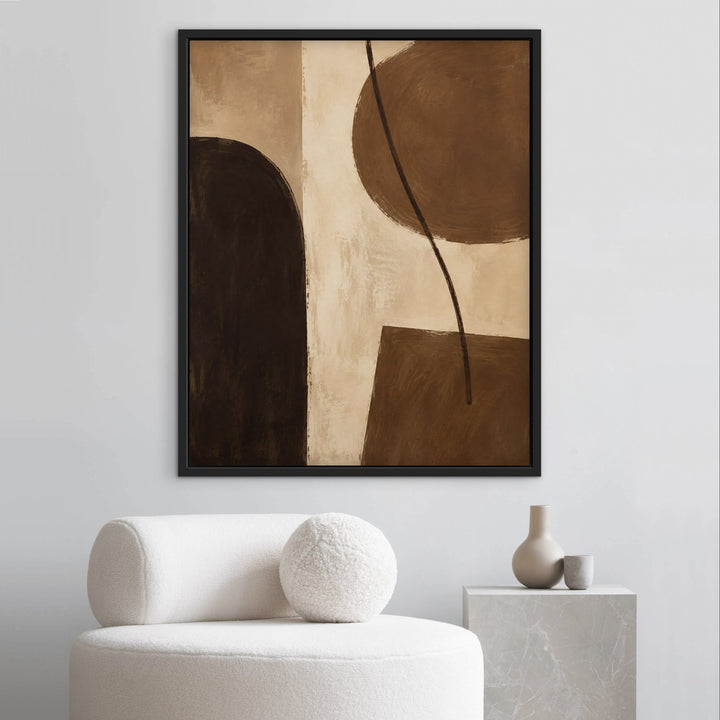 Cocoa Modern mid-century brown framed canvas with boucle chair, black frame