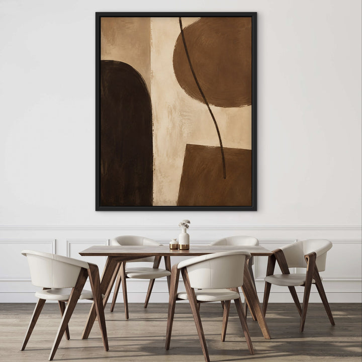 Cocoa Modern mid-century brown framed canvas in dining room, black frame