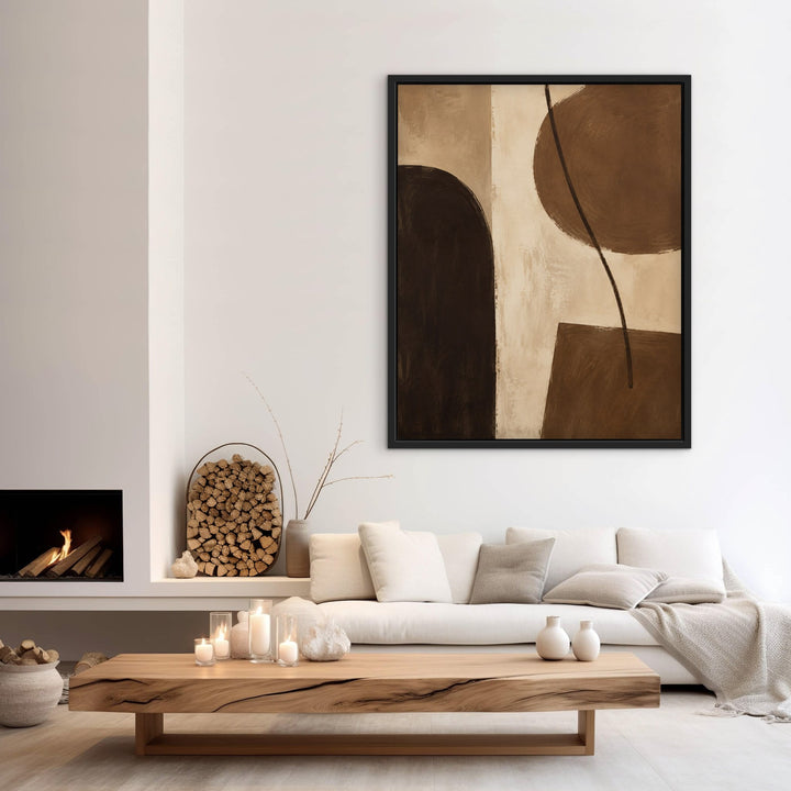 Cocoa Modern mid-century brown framed canvas in fireplace lounge, black frame