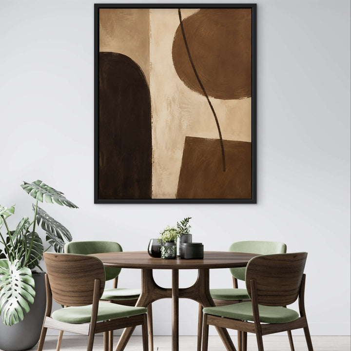 Cocoa Modern mid-century brown framed canvas with green dining chairs, black frame
