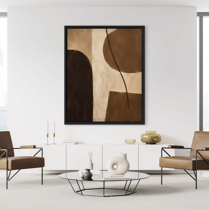 Cocoa Modern mid-century brown framed canvas with leather armchairs, black frame