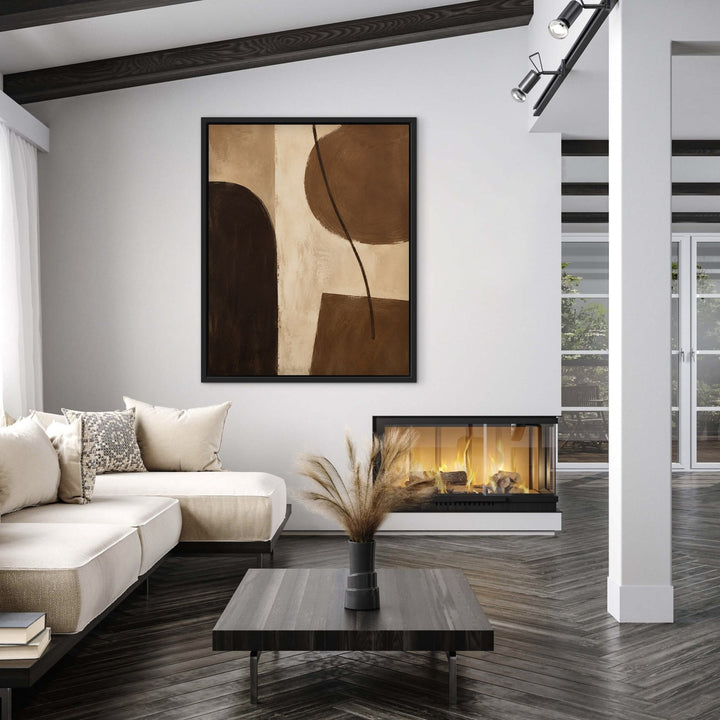 Cocoa Modern mid-century brown framed canvas in loft with sectional, black frame