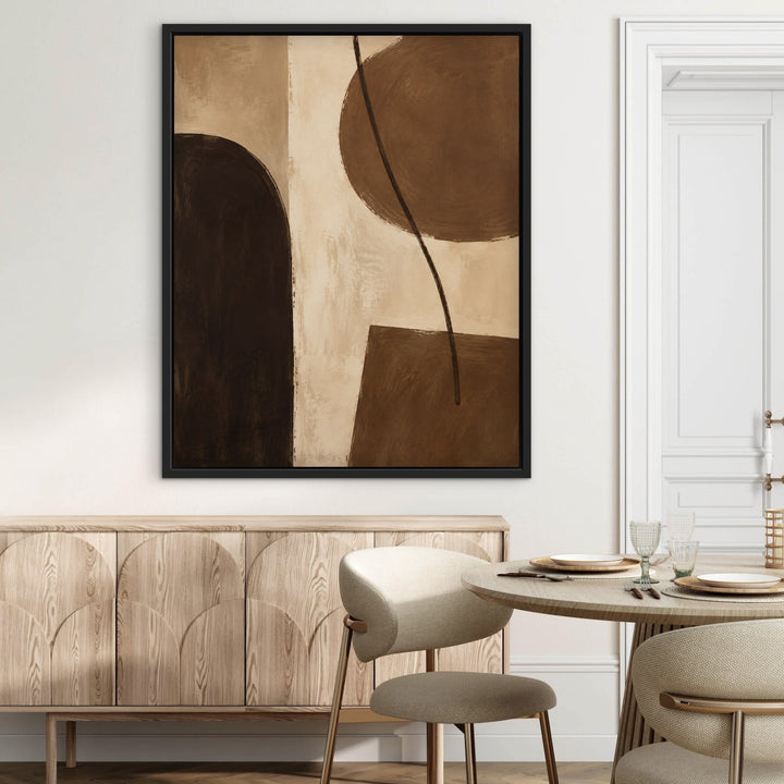 Cocoa Modern mid-century brown framed canvas above oak sideboard, black frame
