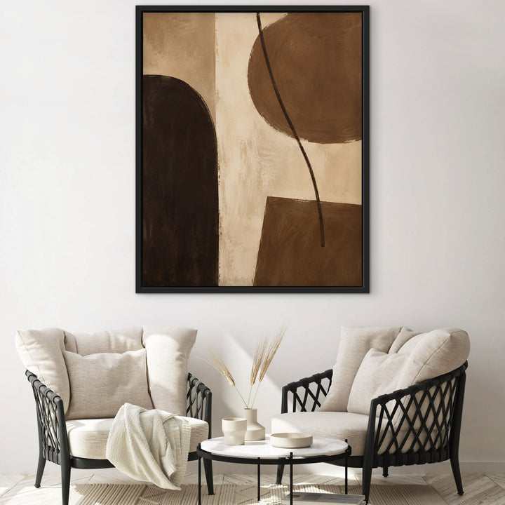 Cocoa Modern mid-century brown framed canvas with rattan chairs, black frame