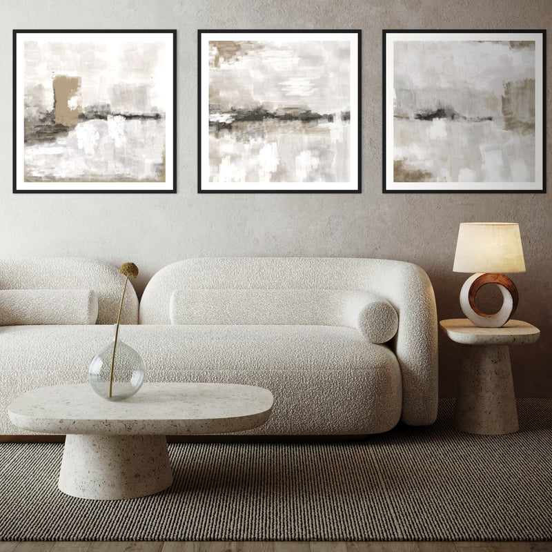 Modern Abstract Wall Art Styled With A Cream Bouclé Sofa, Stone Coffee Table, Round Ring Lamp, And A Textured Neutral Rug. Perfect For A Living Room or Lounge
