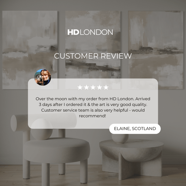 Client Review For Elegant Minimalist Wall Art Decor Styled With A Modern Sculptural Cream Chair And A Stone Accent Side Table With A Minimal Ceramic Vase. Perfect For A Neutral Minimalist Living Room.