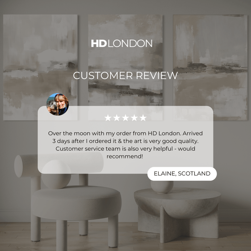 Client Review For Elegant Minimalist Wall Art Decor Styled With A Modern Sculptural Cream Chair And A Stone Accent Side Table With A Minimal Ceramic Vase. Perfect For A Neutral Minimalist Living Room.