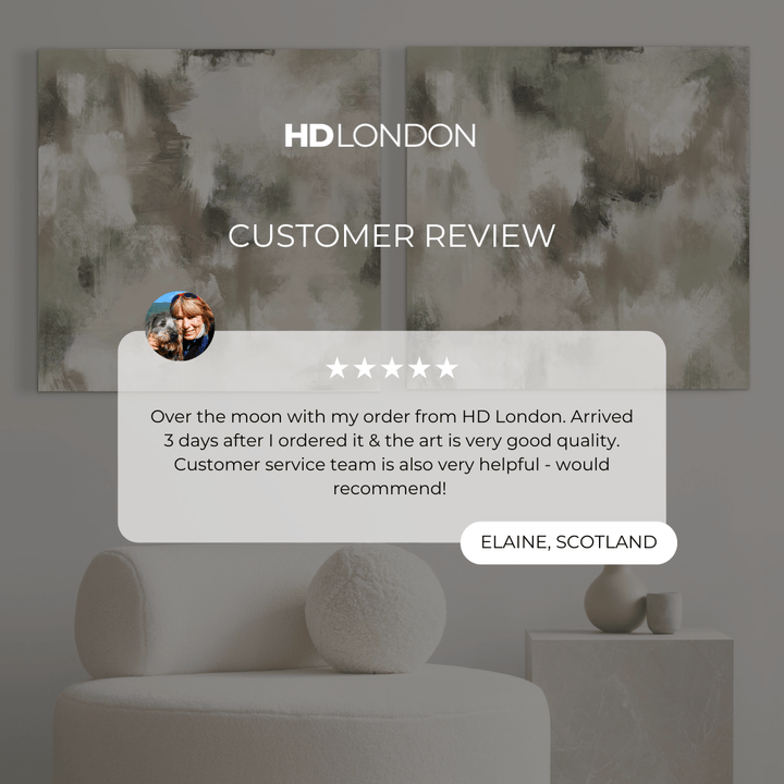 Customer Review For Modern Elegant Abstract Wall Art Styled With A Cream Bouclé Accent Chair And Minimal Ceramic Vases. Perfect For A Modern Minimalist Living Room.