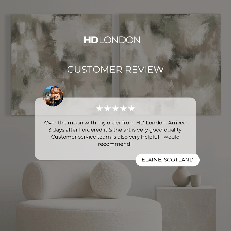 Customer Review For Modern Elegant Abstract Wall Art Styled With A Cream Bouclé Accent Chair And Minimal Ceramic Vases. Perfect For A Modern Minimalist Living Room.