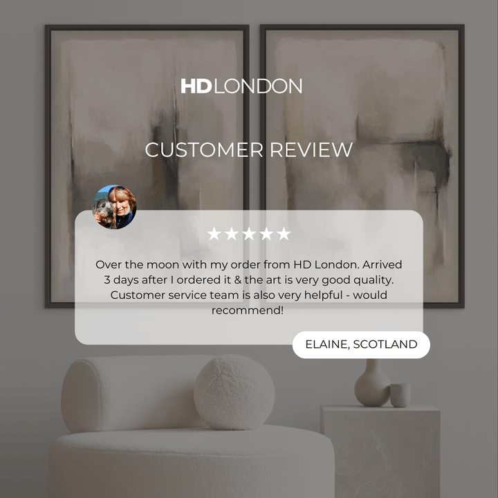 Client Review For Modern Interior Wall Art Style Styled With A Cream Bouclé Chair, Marble Pedestal Side Table, And Minimal Ceramic Decor. Perfect For A Calm Contemporary Living Room.
