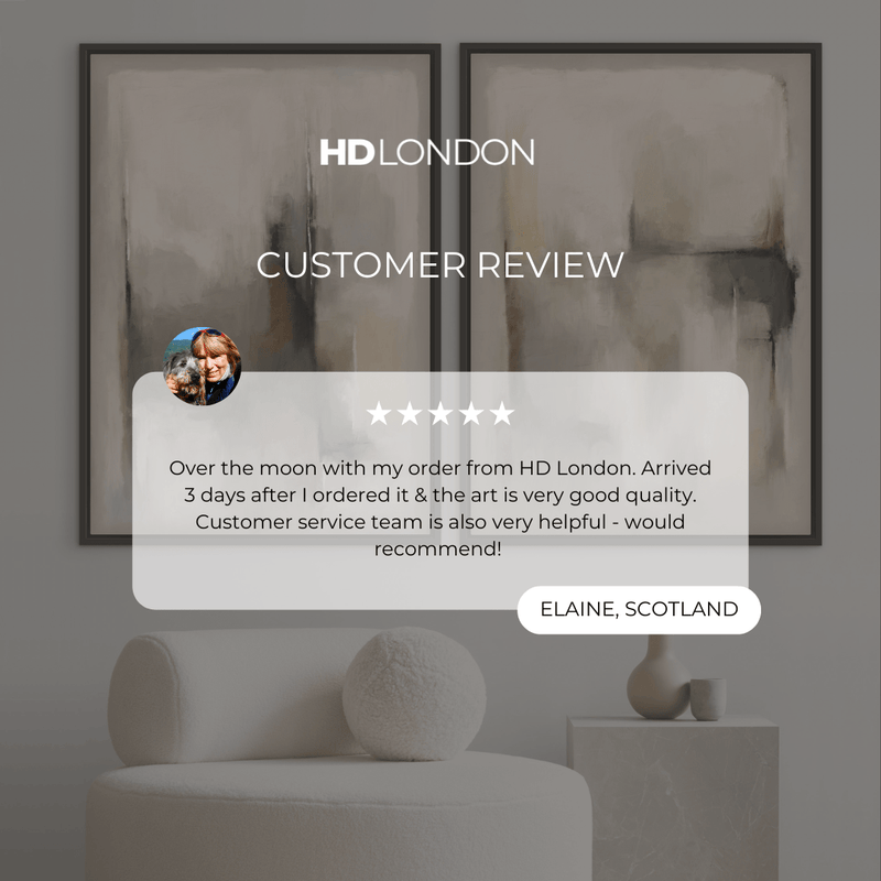 Client Review For Modern Interior Wall Art Style Styled With A Cream Bouclé Chair, Marble Pedestal Side Table, And Minimal Ceramic Decor. Perfect For A Calm Contemporary Living Room.