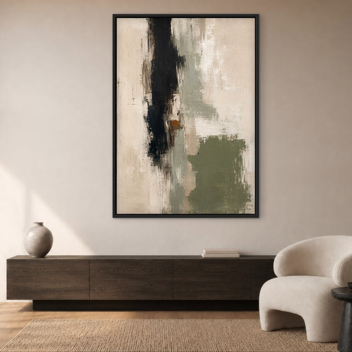 Cypress Gesture cream, sage and black abstract canvas above a dark console