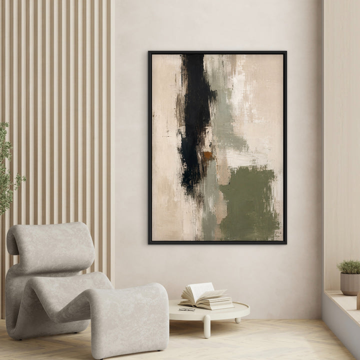 Cypress Gesture green and black abstract portrait canvas beside a sculptural chair