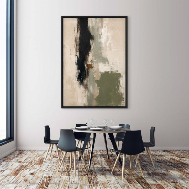 Cypress Gesture green and black abstract portrait art in a dining space