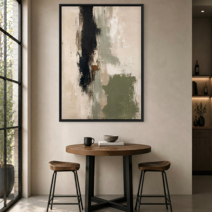 Cypress Gesture sage, cream and black portrait framed canvas in a dark luxury interior
