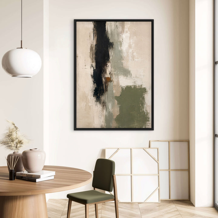 Cypress Gesture sage and black portrait wall art in a refined dining room
