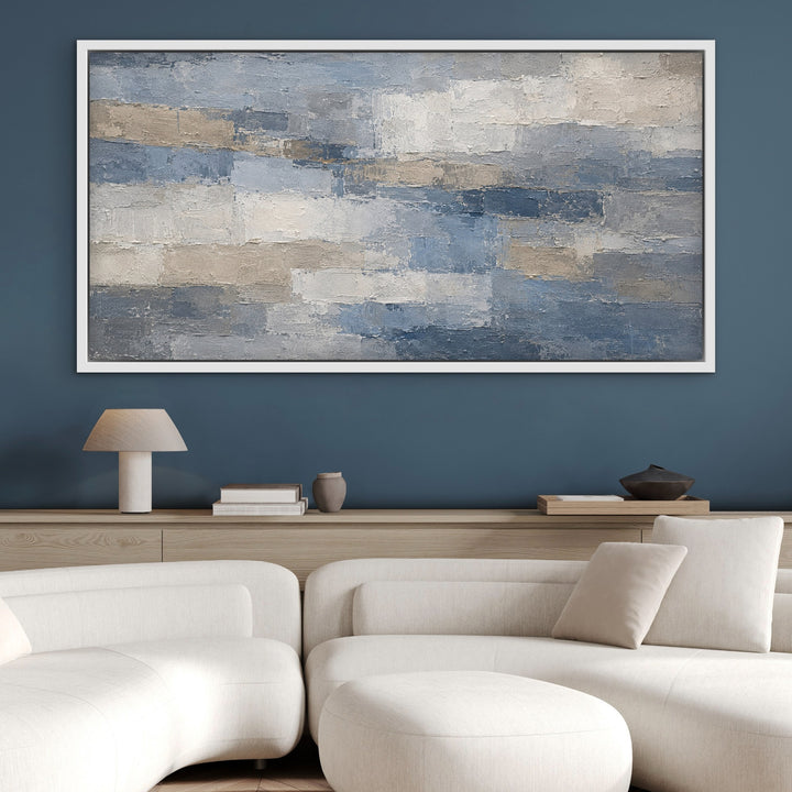 Denim Quarry blue grey panoramic abstract framed canvas on a deep blue feature wall