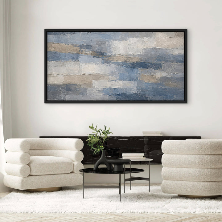 Denim Quarry blue grey panoramic abstract framed canvas in a luxury cream lounge